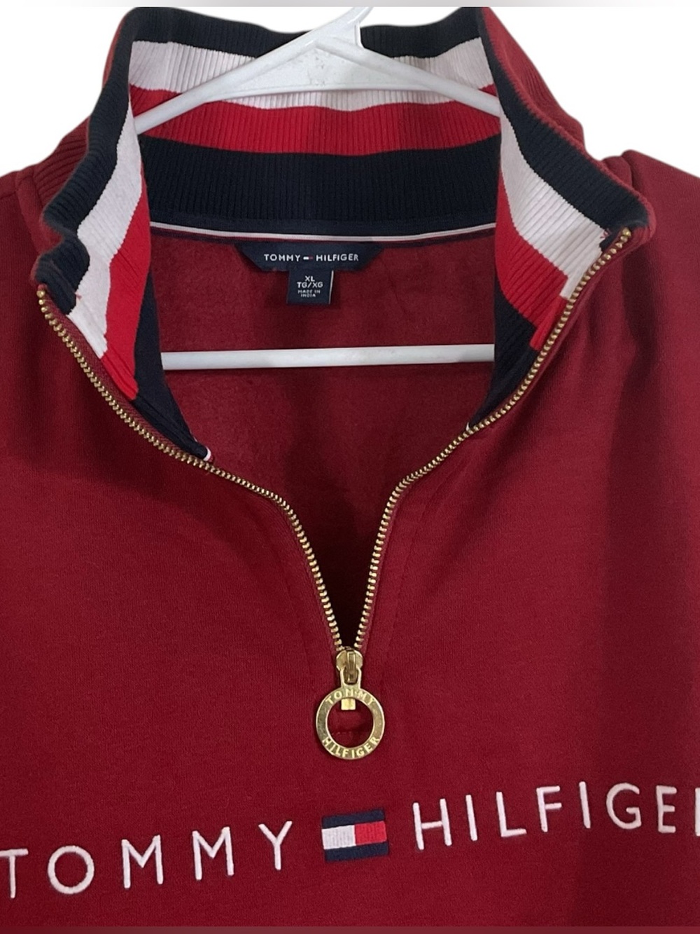 Tommy Hilfiger Men’s XL Red Mock Neck Quarter Zip Logo Pullover Sweatshirt